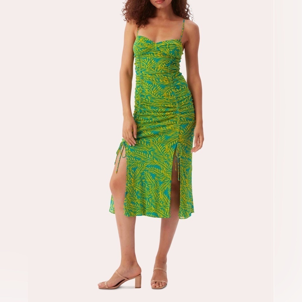 Diane Von Furstenberg Green and Yellow Leaf-Print Midi Dress